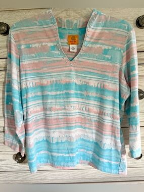 Ruby Rd. Pastel Striped V-Neck Top with Stud Accents (PL)